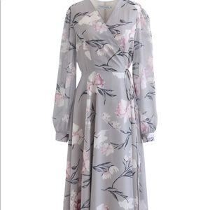 Grey Floral Maxi Wrap Dress - long sleeves